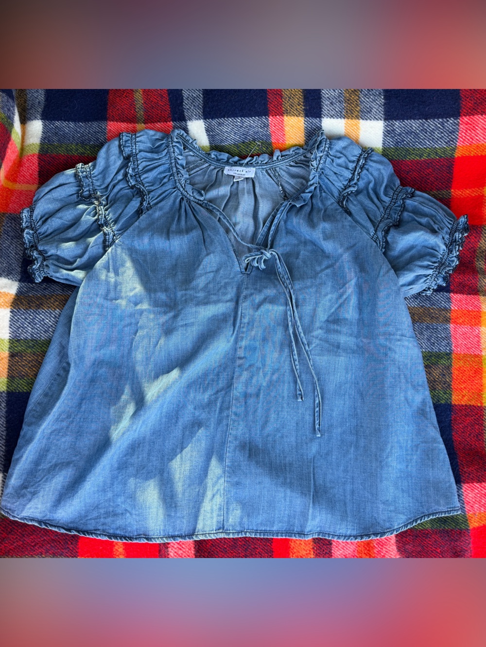 Current Air Los Angeles Blue Chambray Ruffle Sleeve Blouse Size S